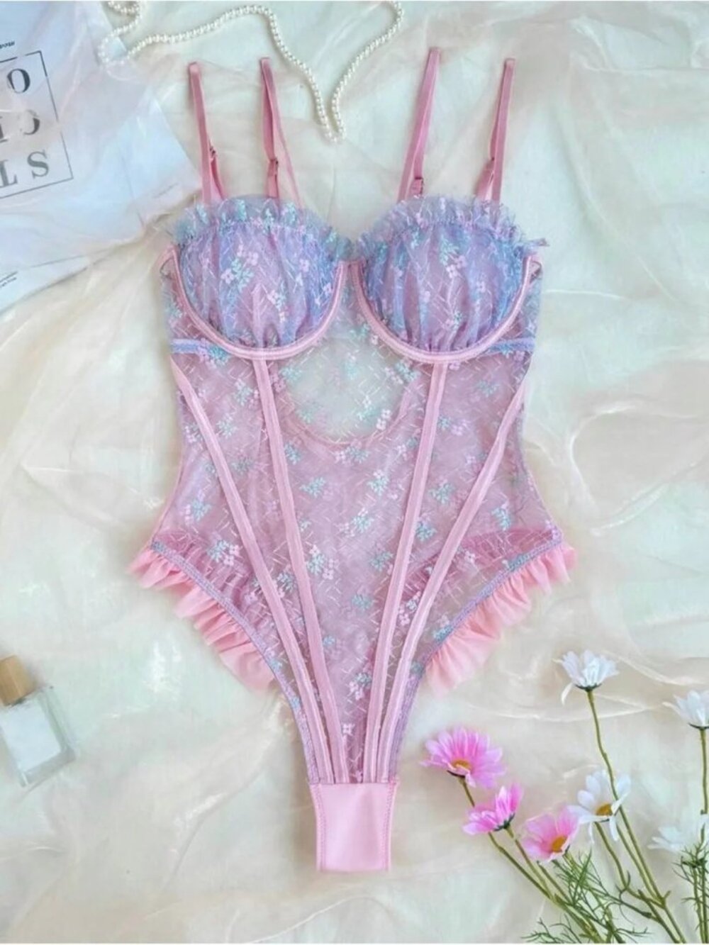 🌸🎀 Floral Embroidered Pink Teddy Bodysuit 🎀🌸